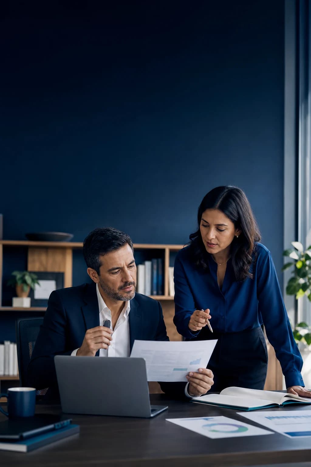 Dos ejecutivos incorporan la IA a una decisión real de su trabajo, revisando documentos junto a un computador.